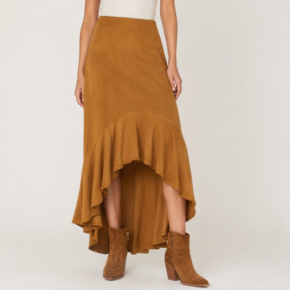 Maeve Anthropologie Skirt Womens 2 Camel Brown Faux Suede High Low Boho Western
